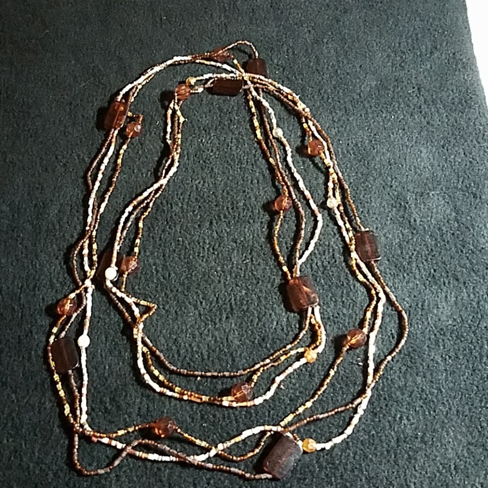 Triple strands brown & white beaded necklace, 48"